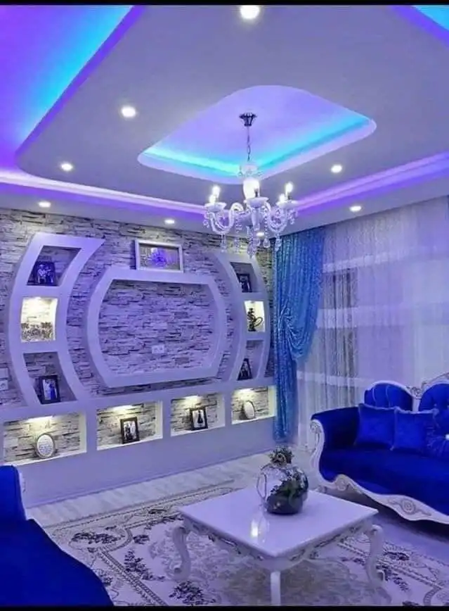 Contemporary false ceiling design with recessed lighting for drawing room